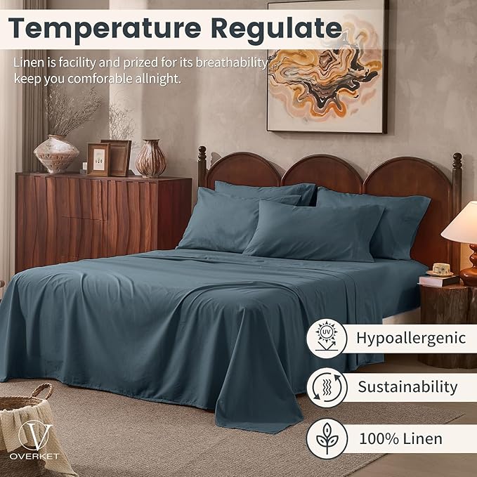 100% Linen Sheets Queen Size,Breathable & Durable 4-Piece Bed Flax Sheet Set,Soft All-Season Bedding for Hot Sleepers 16" Deep Pocket Oeko-TEX Certified,（Queen, Navy Grey）