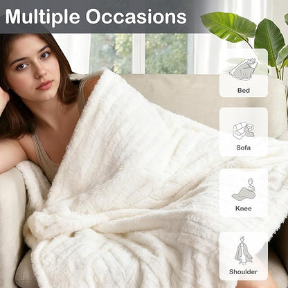 Electric Heated Blanket Throw Size 50"x60", Fast Heating Throw, Plush Faux Fur for Sofa & Office,4 Heating Levels & 10 Hours Auto Off, Machine Washable, Gifts for Family-Striped White