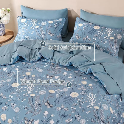 Yiran Blue Comforter Set Queen Size, 7 Piece Floral Comforter Bedding Set, Botanical Farmhouse Bed in a Bag, Soft Microfiber Complete Bedding Set with Sheets for All Season