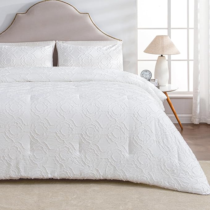 Andency White Boho Tufted Comforter Set Full(79x90Inch), 3 Pieces Floral Textured Farmhouse Bed, Soft Microfiber Down Alternative Geometric Bedding Set with 2 Pillowcases