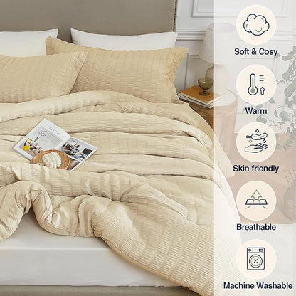Queen Comforter Set Linen,3PCS Seersucker Lightweight Bedding Comforter for All Season, Queen Size(90''×90'' Comforter & 2 Pillowcases)