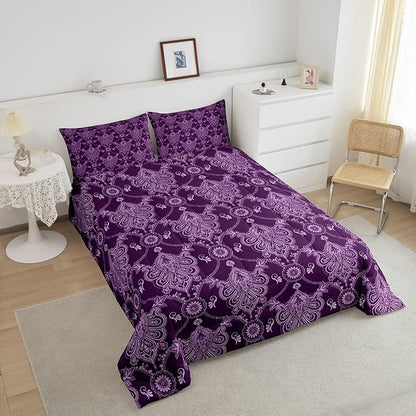 Feelyou Adults Purple Vintage Damask Floral Comforter Set Antique Drawing Classical Paisley Comforter King Size Gothic Bohemia Boho Floral Bedding Set Hotel Style Duvet Set Quilt Set 3Pcs
