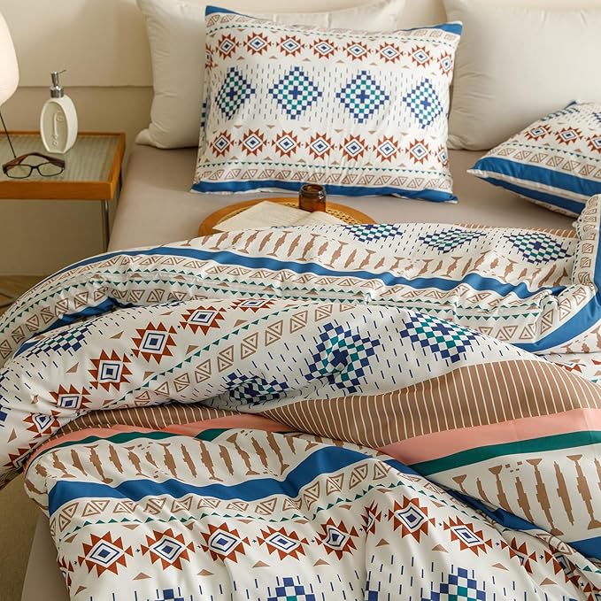 CLOTHKNOW Aztec Southwest Comforter Set Twin/Twin XL Geometric Bedding Comforter Sets Bohemian Twin Comforter White Blue Comforter Sets