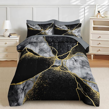 Nesker 7 Pcs Comforter Set Full Size, Marble Black Gold Bedding Set for Kids and Adults, Grey Abstract Modern Bed Sheet Sets with Fitted Sheet 2 Pillowcases & 2 Shams
