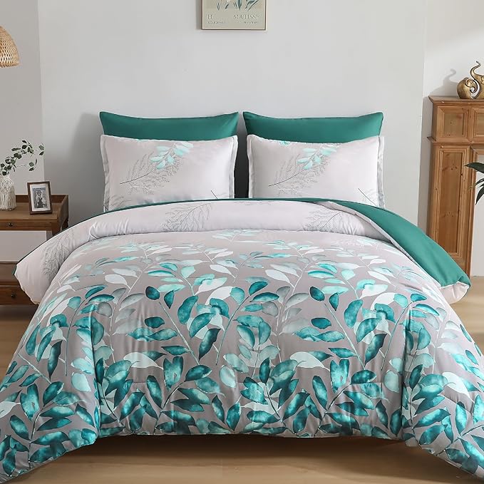 Anibedding 7 Pieces Teal Green King Bed in a Bag Set, Green Botanical Gradient Leaves Ultra Soft Microfiber Down Alternative Bedding Set with Sheets and Bedroom for All Season