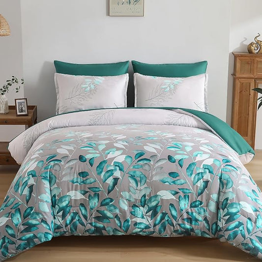 Anibedding 7 Pieces Teal Green King Bed in a Bag Set, Green Botanical Gradient Leaves Ultra Soft Microfiber Down Alternative Bedding Set with Sheets and Bedroom for All Season