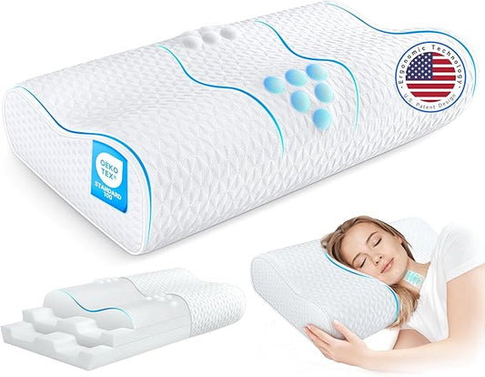 Cervical Neck Pillow for Pain Relief- Queen Size Adjustable Cooling Pillow for Sleeping, Memory Foam Pillows for Neck Shoulder, Ergonomic Contour Bed Pillow for Side, Stomach & Back Sleepers