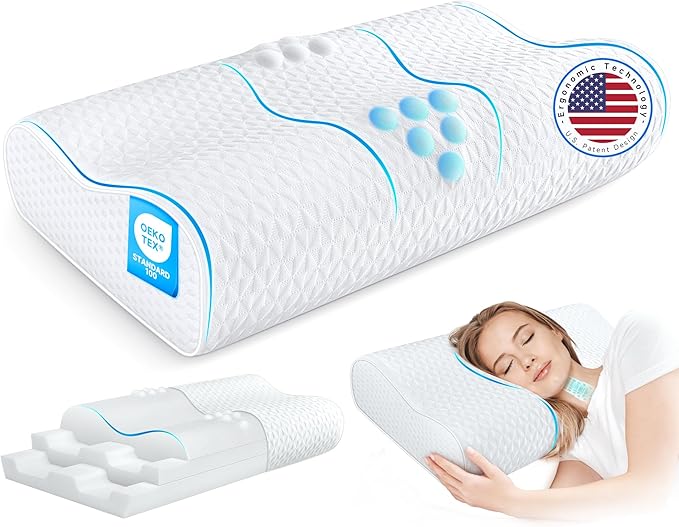 Cervical Neck Pillow King Size -Adjustable Sandwich Dynamic Memory Foam Pillows for Sleeping, Cooling Contour Pillow Ergonomic Orthopedic for Side, Back & Stomach Sleepers Soft, White