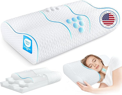 Cervical Neck Pillow King Size -Adjustable Sandwich Dynamic Memory Foam Pillows for Sleeping, Cooling Contour Pillow Ergonomic Orthopedic for Side, Back & Stomach Sleepers Soft, White