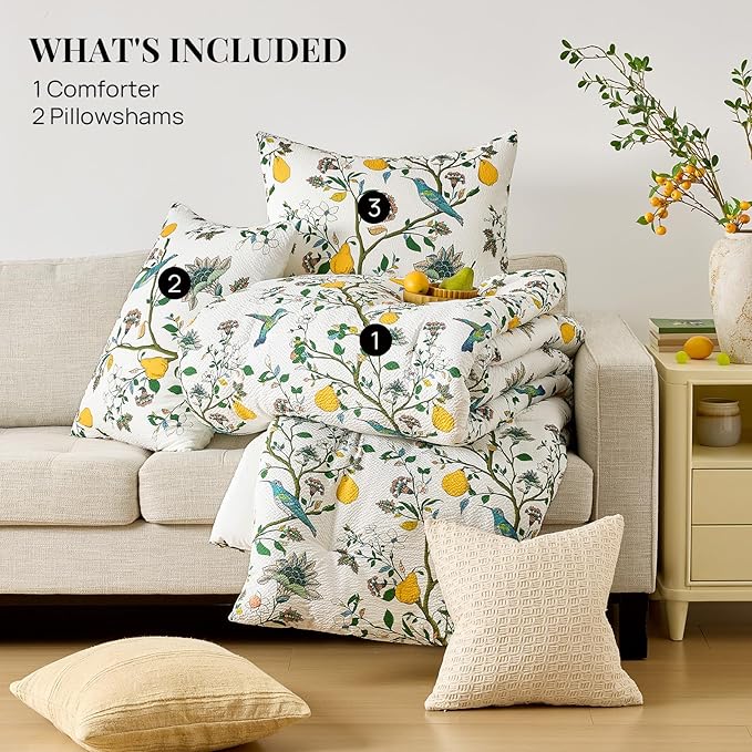 MUSSEL White Queen Size Comforter Set 3 Pieces,Vintage Botanical Floral Pattern Bedding Comforter Sets,Boho Whimsical Modern Printed Design Cute Seersucker Bedroom Comforter and Shams