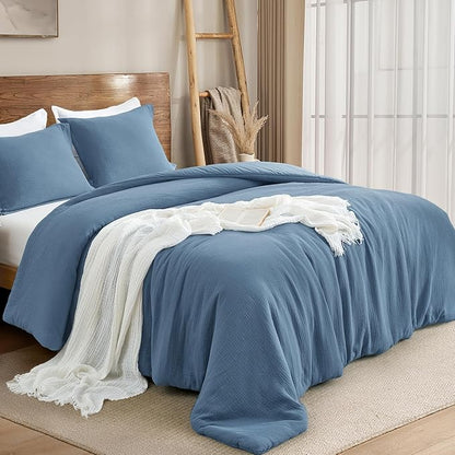 PHF Cotton Muslin Comforter Set King Size, Ultra Soft, Breathable & Lightweight All-Season, Filling: 100% Polyester, 3 Pieces with 1 Comforter 104"x90" and 2 Pillow Shams 20"x36", Captain's Blue