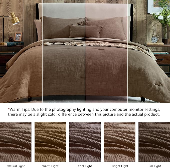 Geniospin Brown Queen Comforter Set - 7 Pieces Comforter Queen Size, Solid Bedding Set for All Season, Textured Bed in a Bag with Sheets