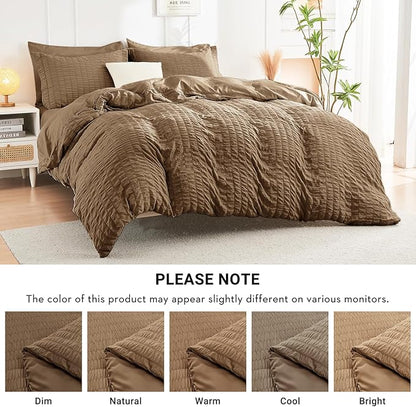 HYMOKEGE Brown Full Size Comforter Sets Seersucker 7 Pieces, All Season Luxury Bed in a Bag for Bedroom, Bedding Set with Comforter, Sheets, Pillowcases & Shams