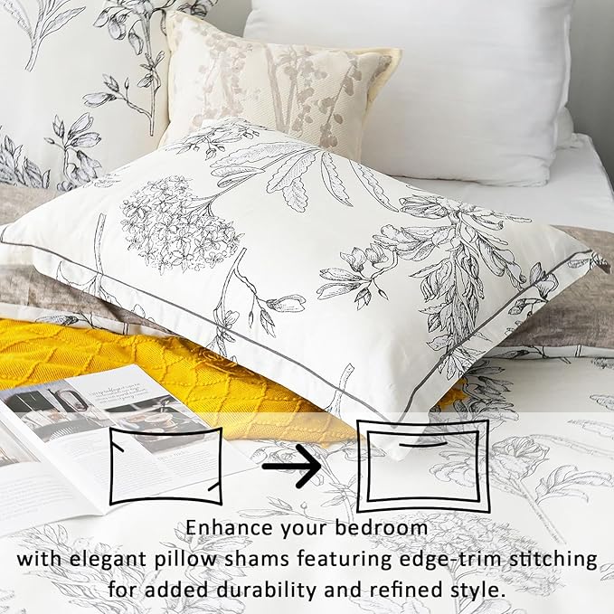 Floral Cotton Comforter Twin Size 2Pcs - Vintage Design with Luxurious Black Sketched Flowers & Leaves on Cream, Retro Taupe Reversible Lightweight Bedding Sets with Soft Fill(68"×90")