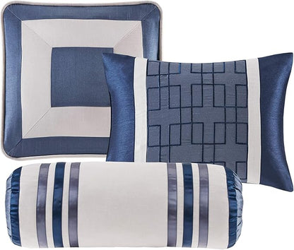 Madison Park Cozy Comforter Set-Deluxe Hotel Collection, All Season Down Alternative Luxury Bedding with Matching Shams, Decorative Pillows, Cal King(104"x92"), Genevieve, Navy 7 Piece