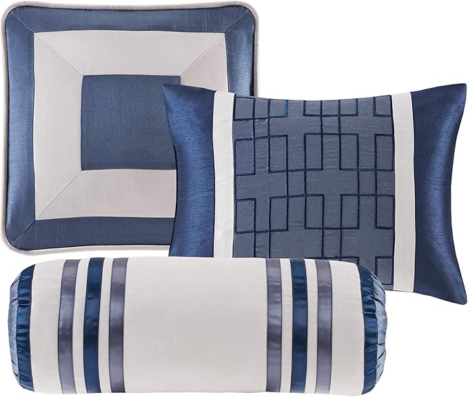 Madison Park Cozy Comforter Set-Deluxe Hotel Collection, All Season Down Alternative Luxury Bedding with Matching Shams, Decorative Pillows, King(104"x92"), Genevieve, Navy 7 Piece