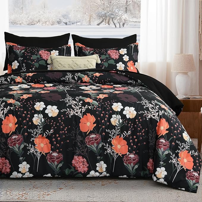 Yiran Black Red Floral Comforter Set Queen Size, 7 Piece Winter Comforter Bedding Set, Colorful Farmhouse Bed in a Bag, Soft Microfiber Complete Bedding Set with Sheets for All Season
