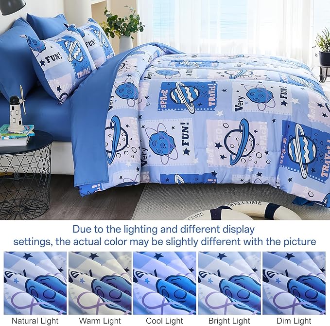 Drucon Kids Space Comforter Set Bed in A Bag Twin Size 6 Piece Cartoon Planets Bedding Set for Teens Boys Girls
