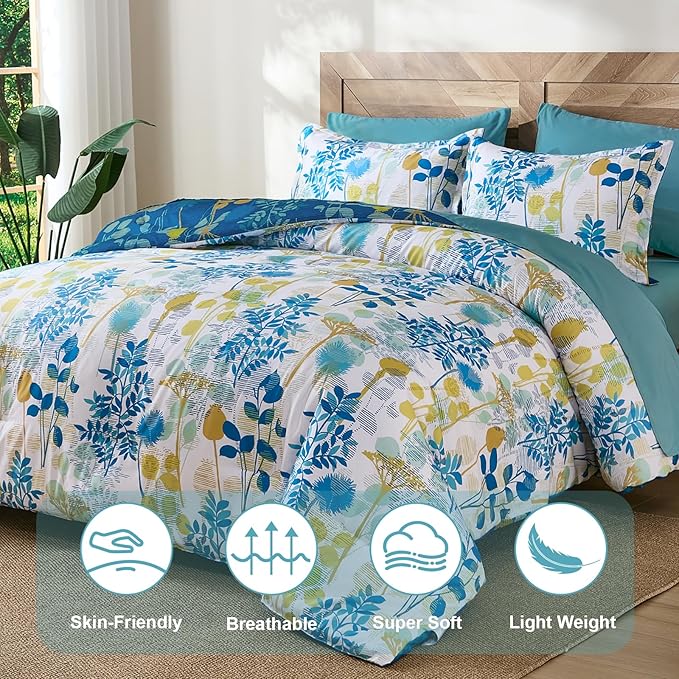 Anibedding 7Pieces King Size Comforter Set, Blue Yellow Botanical Bed in a Bag Complete Set with Sheet Pillowcase for Bedroom All Season