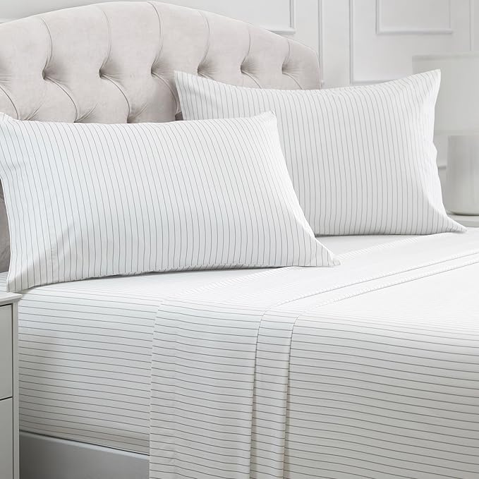 Mellanni Full Sheets Set - 4 PC Iconic Collection Bedding - Hotel Luxury, Extra Soft, Cooling Bed Sheets - Wrinkle, Fade, Stain Resistant (Full, Pinstripe Gray)