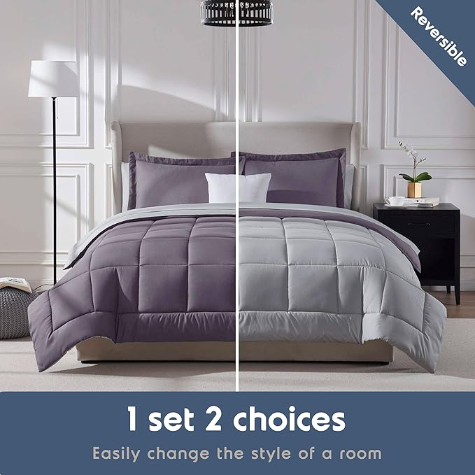 Nestl 7 Piece Queen Comforter Set – Grayish Purple Reversible Bed in a Bag – Complete Queen Size Bedding Set with Sheets, Pillowcases and Shams