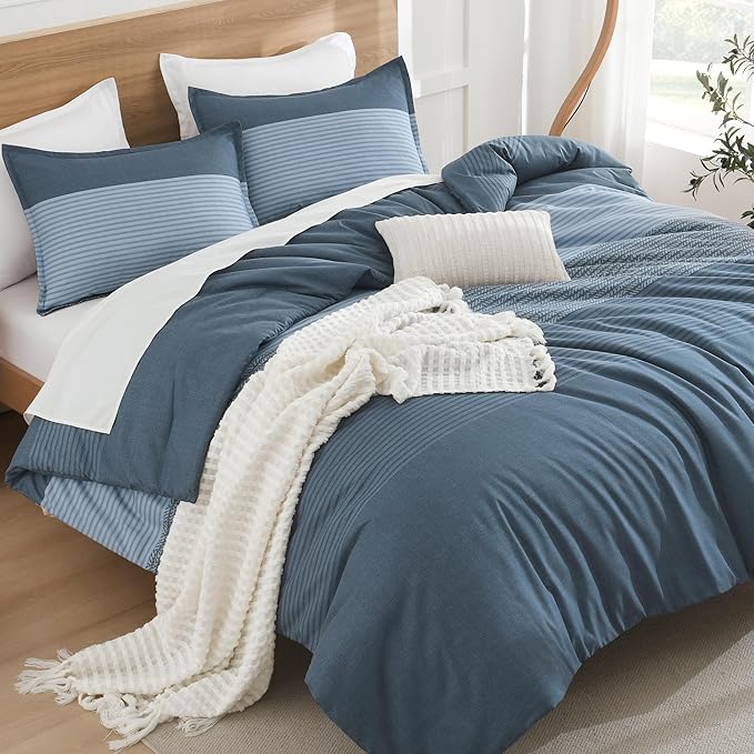 Litanika Haze Blue Comforter Set Super King Plus - 3 Pieces Lightweight Dark Grey Colorblock Stripe Fluffy Bedding Comforter Sets, All Season Bed Set