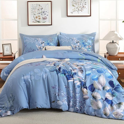 Xruibed Blue Comforter Set Queen Size 7 Pieces Bed in a Bag, Botanical Floral Print Bed Sets, Elegant Flower Comforter with Sheet Set, Soft Microfiber Bedding Set for All Season (Blue, 90"x90")