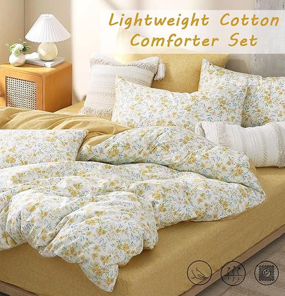 Natural Cotton 3pcs Floral Comforter Sets King Size-Yellow Comforter with Pink & Yellow Flowers and Blue & Green Leaves on White, Reversible Lightweight Bedding Sets(King 104"×90")