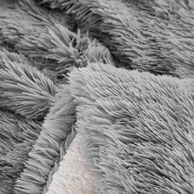 Joyreap 3-Piece Plush Shaggy Comforter Set, Full/Queen Size Luxury Faux Fur Sherpa Reversible Bedding Comforter Set, Ultra Cozy Warm Fluffy Bedding Set for Winter (Light Gray, 88x88 inches)