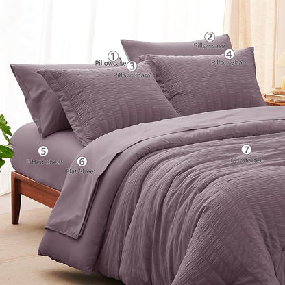 CozyLux King Size Comforter Set Dusty Purple Seersucker 7 Pieces Bed in a Bag King Comforter Set with Sheets, Luxury Bedding Set with Down Alternative Comforter, Sheets, Pillowcases & Shams All Season