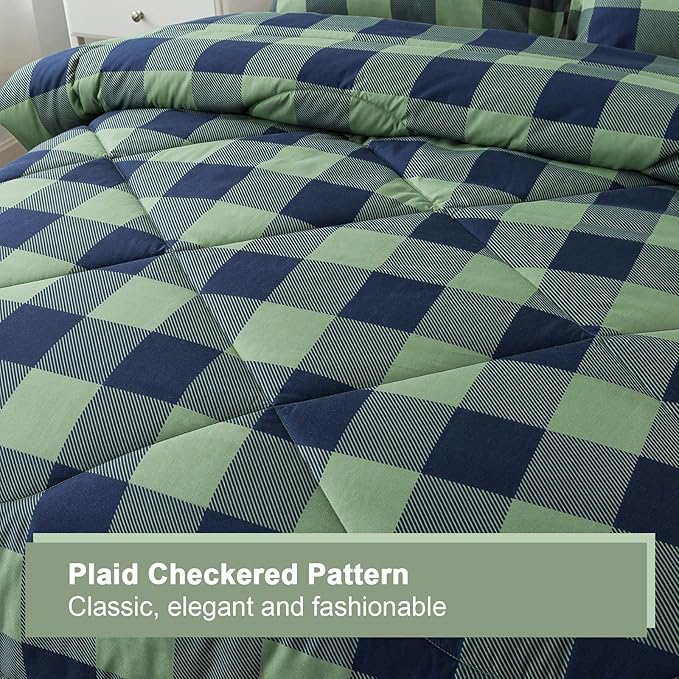 Andency Green Plaid Comforter Queen(90x90Inch), 3 Pieces (1 Comforter, 2 Pillowcases) Buffalo Checkered Gingham Bed Set, Soft Geometric Bedding for Boys