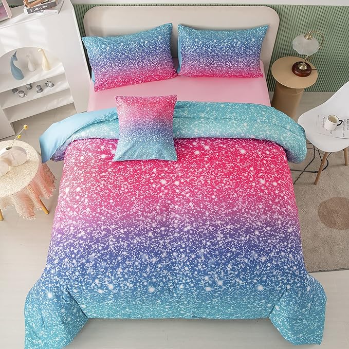 PERFEMET 6Pcs Pink Full Size Comforter Sets for Girls Colorful Rainbow Glitter Kids Bedding Set Sparkly Pastel Ombre Teen Girl Bed in A Bag Comforter Set with Sheets (Pink Blue, Full)