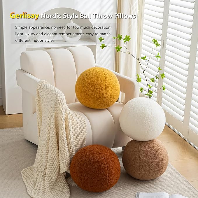 11.8 inch Ball Pillow Nordic Round Throw Pillows Boucle Ball Pillow Sphere Shaped Pillow Round Decorative Pillow for Couch, Sofa, Bedroom (Khaki, 11.8 inch)