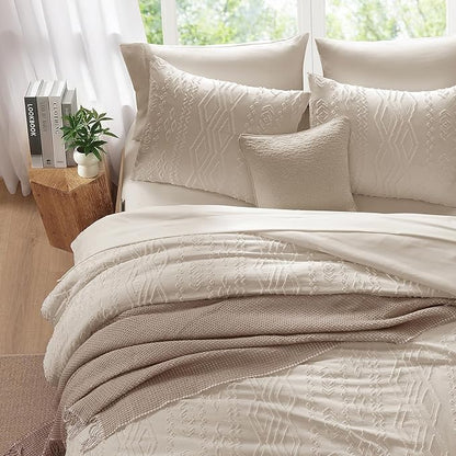 Full Size Comforter Set Beige, Tufted Boho Bedding Farmhouse Bed Set, All Season 7 Pieces Bed in a Bag with Sheets, Pillowcases & Shams