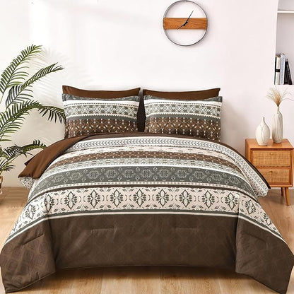 WONGS BEDDING Boho Comforter Set Queen, 7 Pieces Brown Comforter Bedding Set,Bohemian Paisley Floral Bed in a Bag,Soft Microfiber Striped Comforter Bedding Sets for All Season