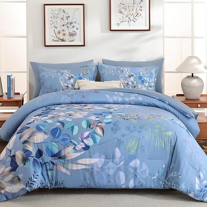 Xruibed Blue Comforter Set King Size 7 Pieces Bed in a Bag, Botanical Floral Print Bed Sets, Elegant Flower Comforter with Sheet Set, Soft Microfiber Bedding Set for All Season (Blue, 104"x90")