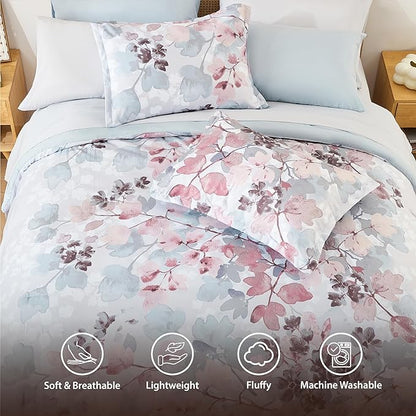 Queen Comforter Set Blush Bed Set, 9 Pieces Cute Floral Bedding Set Ultra Soft Botanical Flowers Comforter, Sheets, Pillowcases & Shams