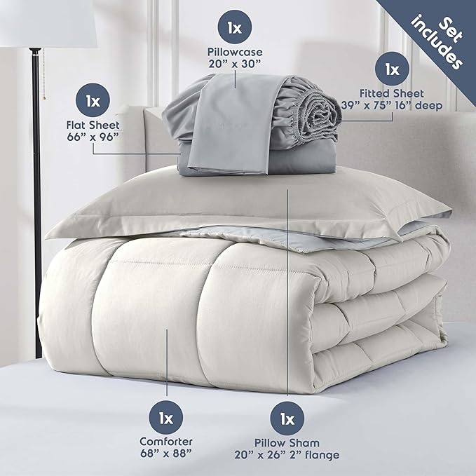 Nestl 5 Piece Twin Comforter Set – Off White Reversible Bed in a Bag – Complete Twin Size Bedding Set with Sheets, Pillowcase and Sham