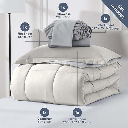 Nestl 5 Piece Twin Comforter Set – Off White Reversible Bed in a Bag – Complete Twin Size Bedding Set with Sheets, Pillowcase and Sham