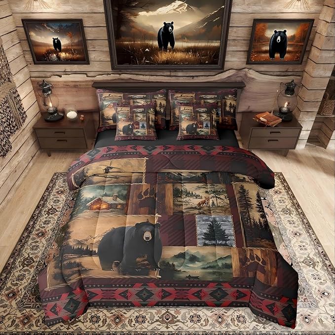 Erosebridal Anlters Moose Bear Hunting Queen Comforter Set 7 Piece,Boho Rustic Cabin Lodge Bed in a Bag with Sheet Set,Retro Patchwork Buffalo Plaid Bed Sheets,Woodland Fox Wild Animal Bedding Set