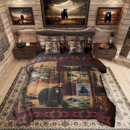 Erosebridal Anlters Moose Bear Hunting Full Comforter Set 7 Piece,Boho Rustic Cabin Lodge Bed in a Bag with Sheet Set,Retro Patchwork Buffalo Plaid Bed Sheets,Woodland Fox Wild Animal Bedding Set