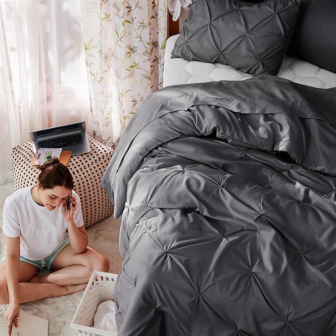 Bedsure Twin Comforter Set Dark Grey - Bed in a Bag Twin Size Bedding 5 Pieces, GentleSoft™ Pintuck Bed Set Gift for Family, Pinch Pleat Dark Grey Comforter with Sheets, Pillowcase & Sham