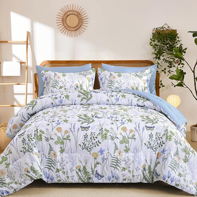 Yiran Queen Comforter Set, 7 Pieces Blue White Floral Soft Bedding Sets, Queen Bed in a Bag with Botanical Flowers All Season Comforter, Sheets, Pillowcases & Shams