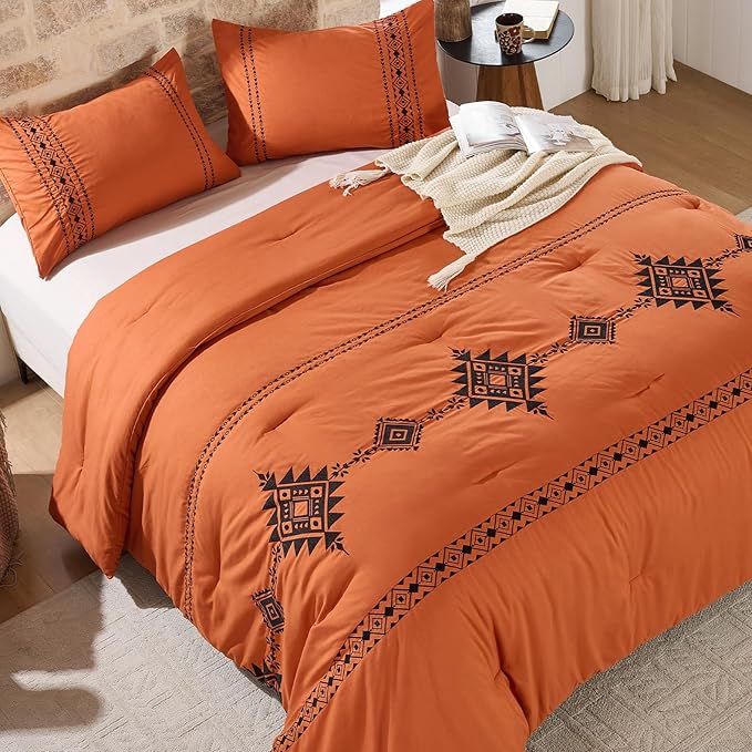 Embroidered Boho Comforter Set King Size, 3-Piece Western Shabby Chic Bedding Set - Fluffy Ultra Soft Microfiber with Intricate Design, Includes Comforter & 2 Pillowcases, Pumpkin(102"x90")