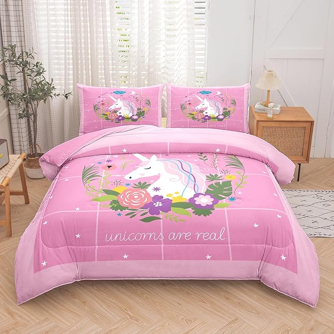 Tailor Shop Girls' Unicorn Comforter Set - King Size Pink Unicorn Bedding Set for Kids' Room with 2 Pillowcases