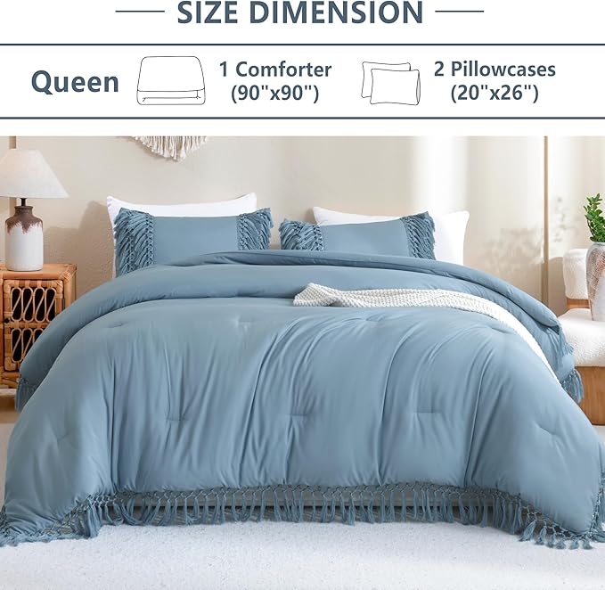 Andency Grayish Blue Comforter Set Queen, 3 Pieces Boho Tassel Lightweight Soft Bedding Comforter Sets, All Season Fluffy Fringe Bed Set (90x90In Comforter & 2 Pillowcases)