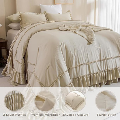 Masaca Oversized King Comforter 128x120,Farmhouse Shabby Boho Chic Ruffled Bedding Comforter Set,3pcs Extra Large King Size Wheat Ruffle Comforter Sets French Country Bedding Set Ultra Soft