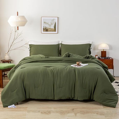 Dark Olive Green Bed Comforter Queen Set - Super Soft Washed Polycotton Fabric - Cozy Comfy Down Alternative Bedding Blanket Comforter Set and Pillowcases Lightweight but Warm for All Season