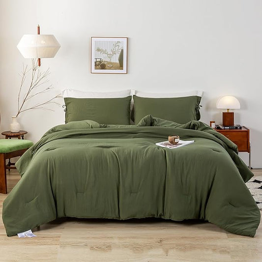 Dark Olive Green Bed Comforter Queen Set - Super Soft Washed Polycotton Fabric - Cozy Comfy Down Alternative Bedding Blanket Comforter Set and Pillowcases Lightweight but Warm for All Season