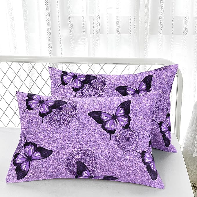 Violet Butterfly Comforter Set - King Size Kids Bedding with 1 Comforter and 2 Pillowcases - Butterfly & Dandelion Pattern All Season